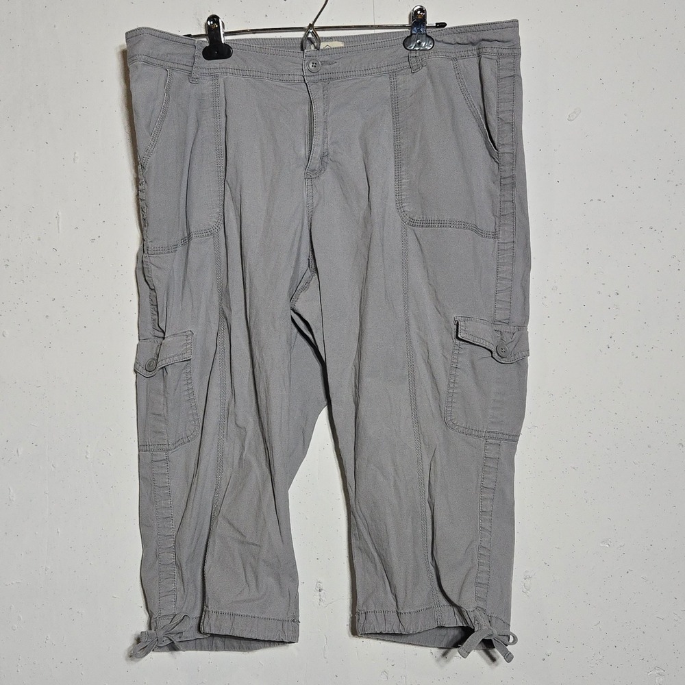 St Johns Bay Womens Gray Cargo Capri Pants 20W Utility Cropped Gorp Casual Tie